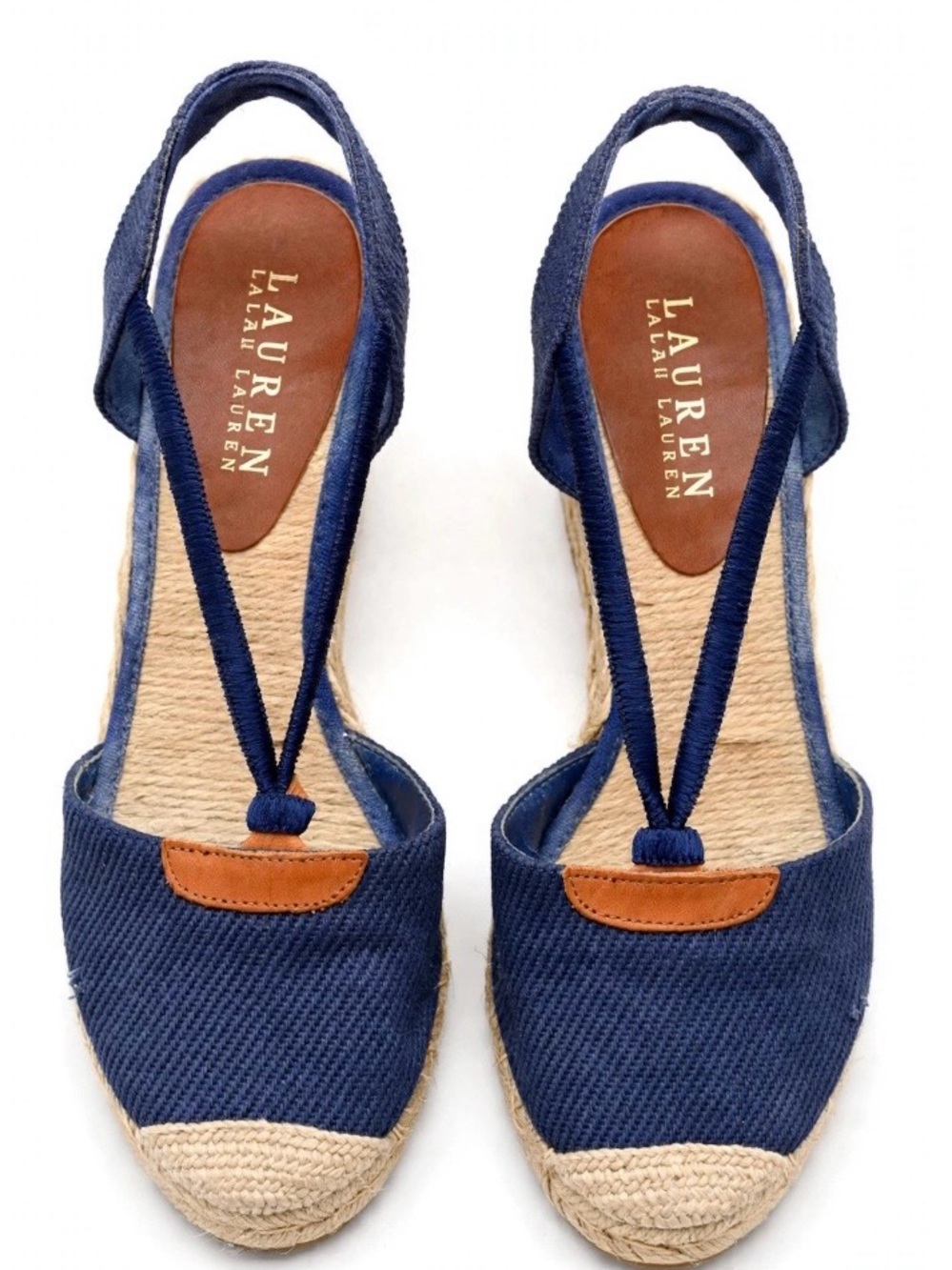 Lauren Ralph Lauren Navy Canvas T-strap Espadrille Slingback Wedges Size 7.5